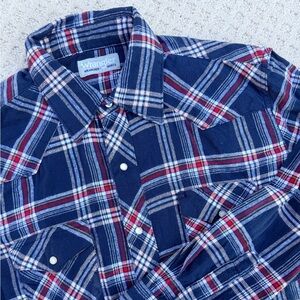 Wrangler Wrancher Shirt Men's Blue Plaid Pearl Snap Western Cowboy Rodeo - Large